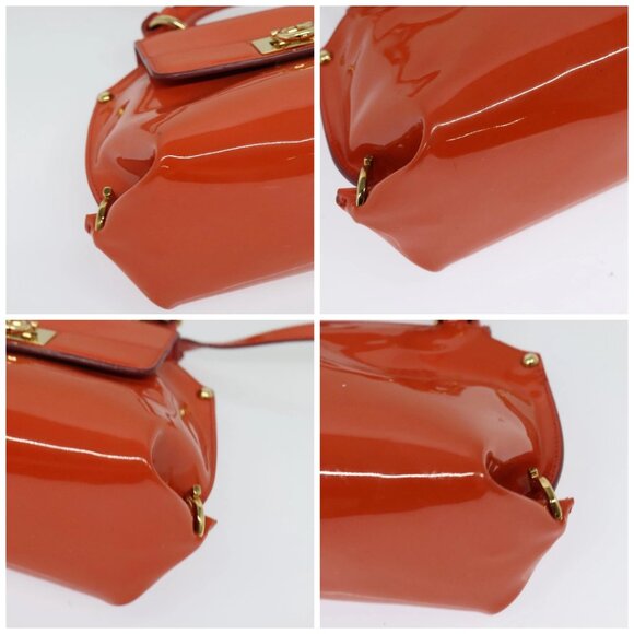 Salvatore Ferragamo Gancini Hand Bag Enamel 2way Orange Gold Auth - Picture 15 of 16